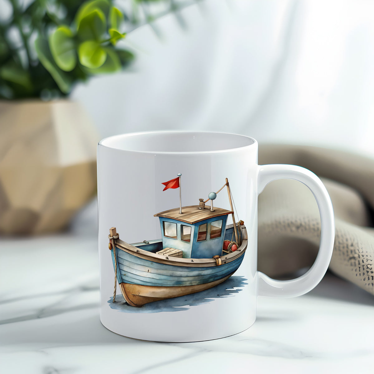 Wooden Fishing Boat With Red Flag UV DTF sticker applied to a white coffee mug