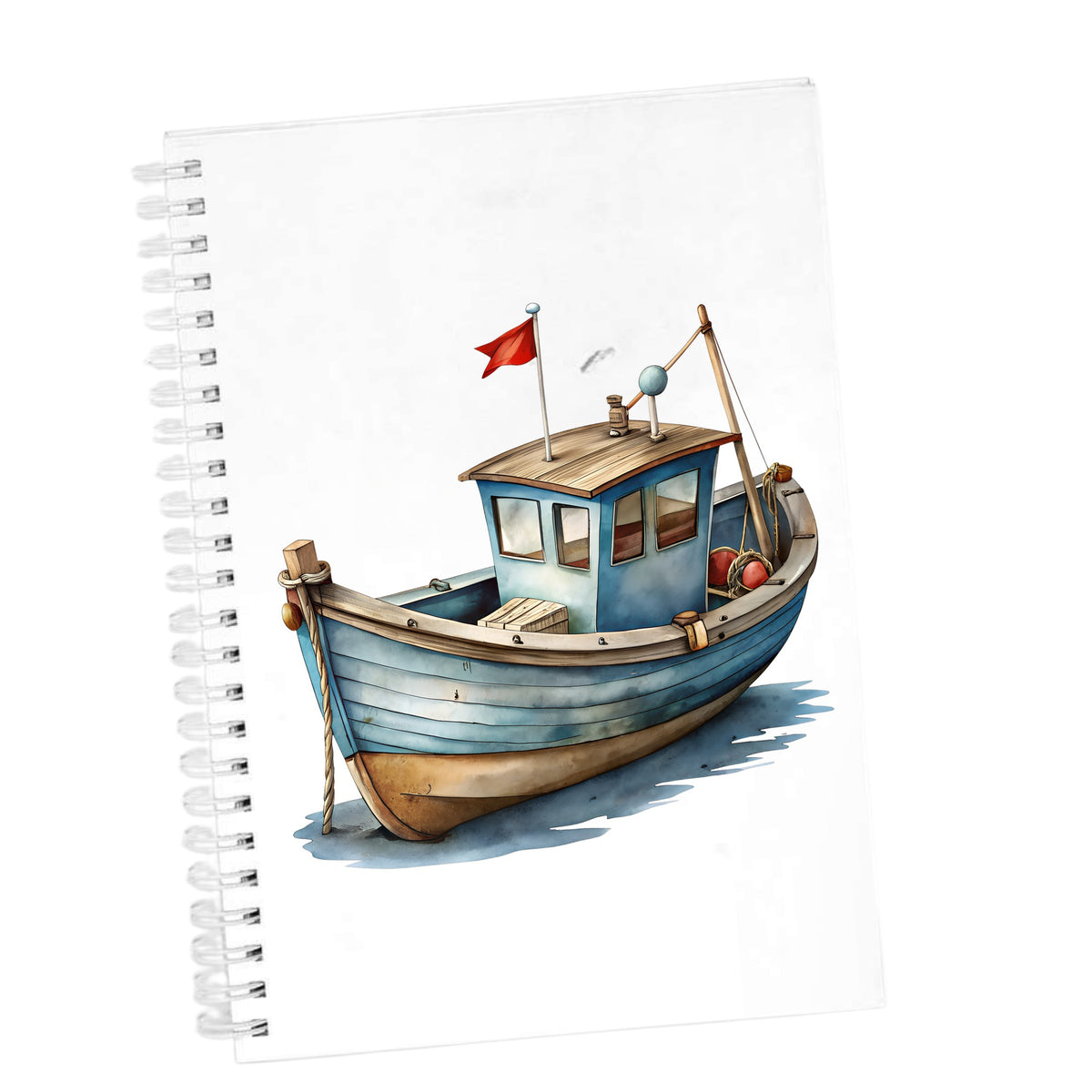 Wooden Fishing Boat With Red Flag UV DTF sticker applied to the cover of a white spiral journal
