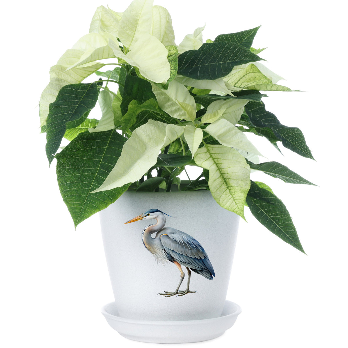 Great Blue Heron UV DTF sticker applied to a white flower pot