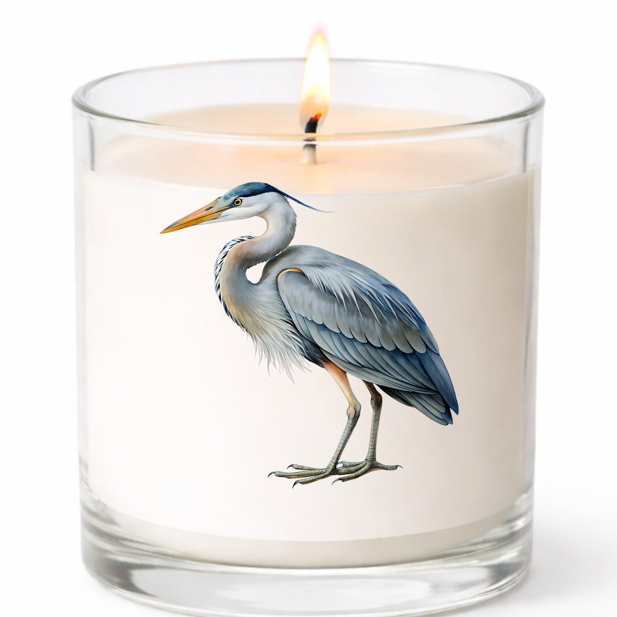 Great Blue Heron UV DTF sticker applied to a white candle in a clear glass jar
