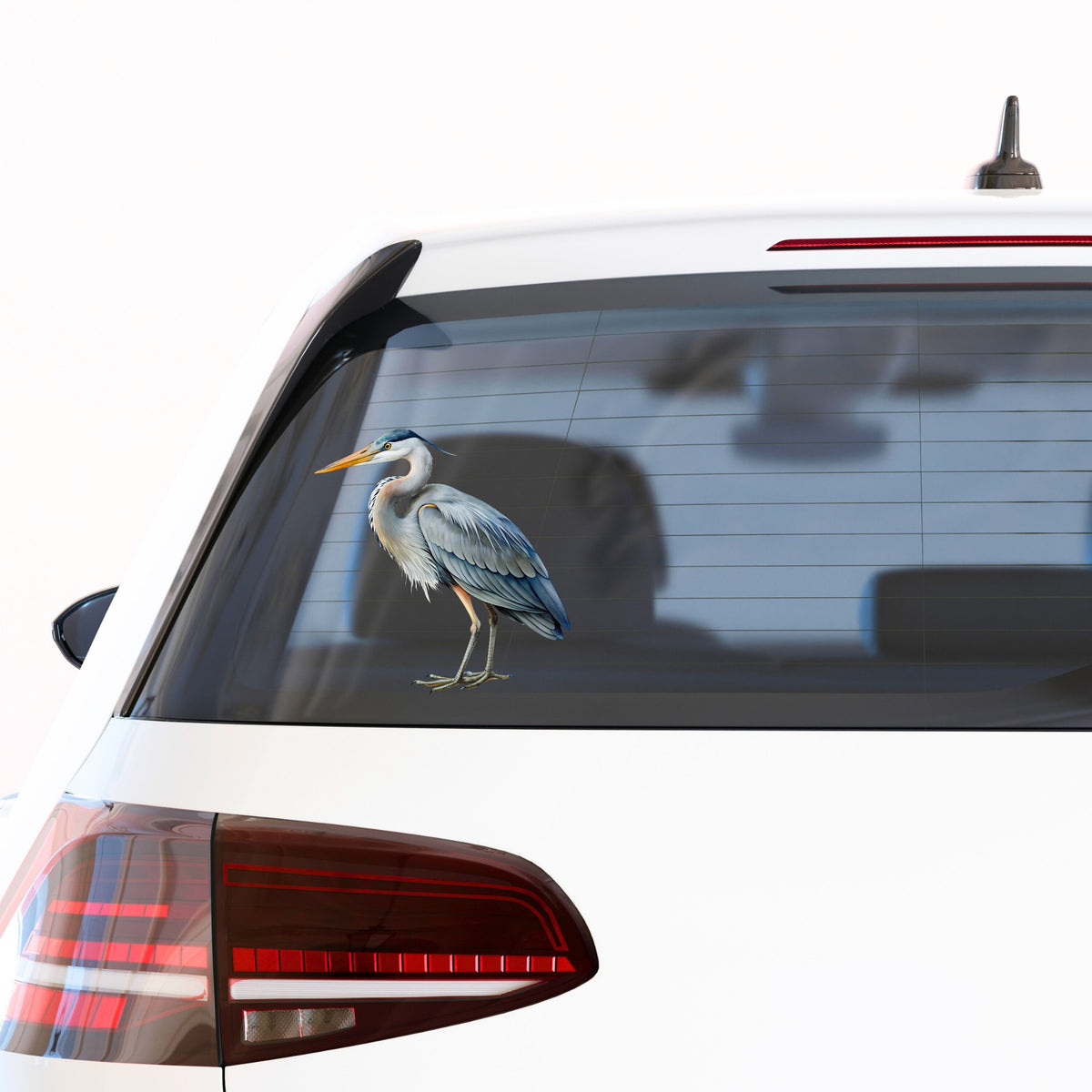 Great Blue Heron UV DTF sticker applied to the rear window of a white car