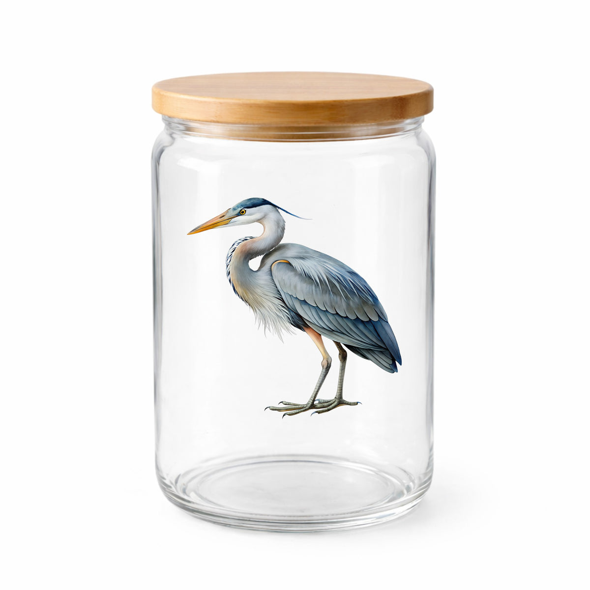 Great Blue Heron UV DTF sticker applied to a clear glass jar with a wooden lid