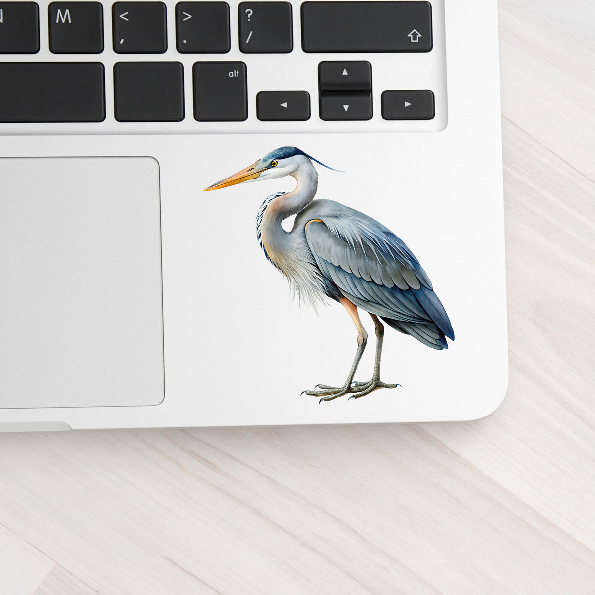 Great Blue Heron UV DTF sticker applied to a silver laptop beside the keyboard
