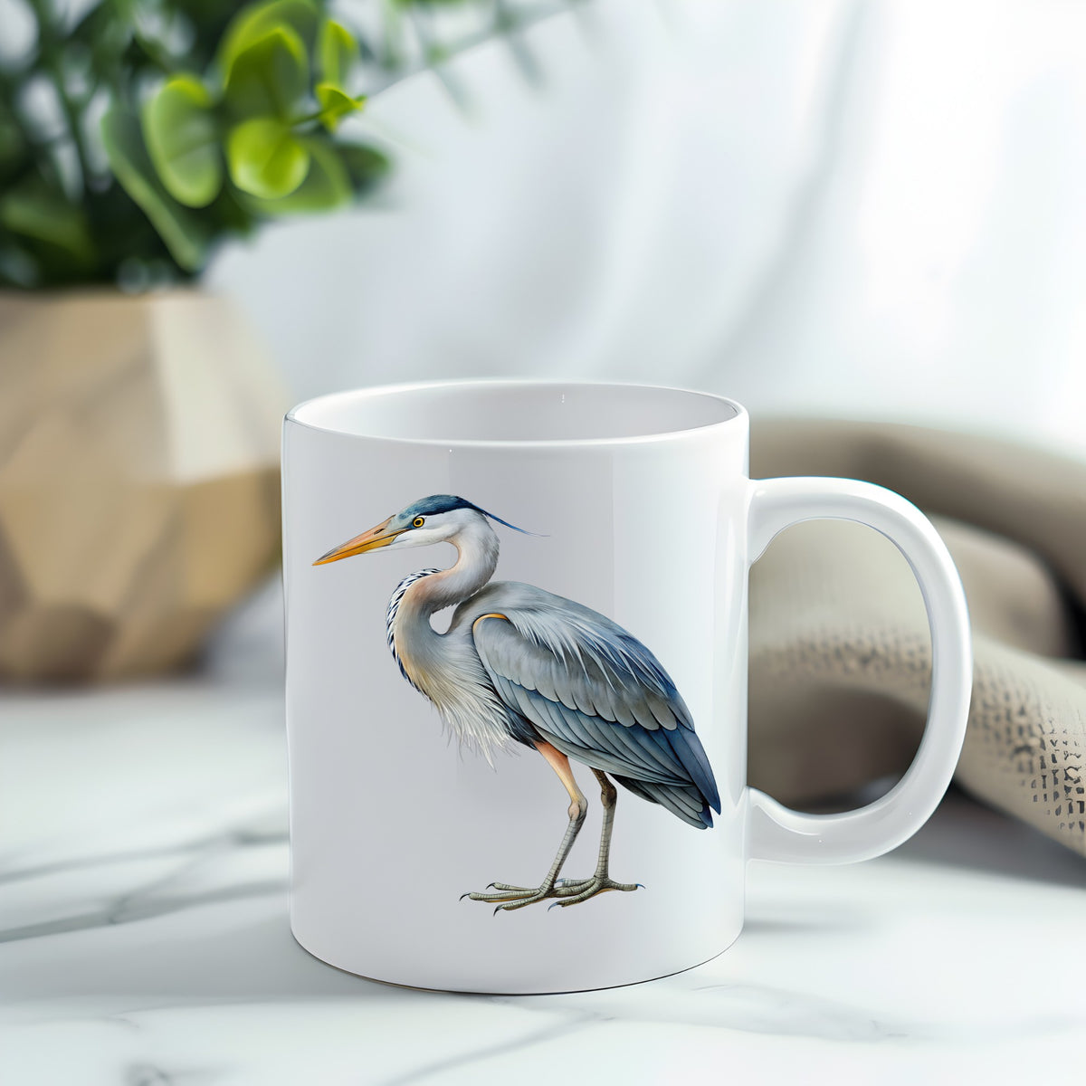 Great Blue Heron UV DTF sticker applied to a white coffee mug