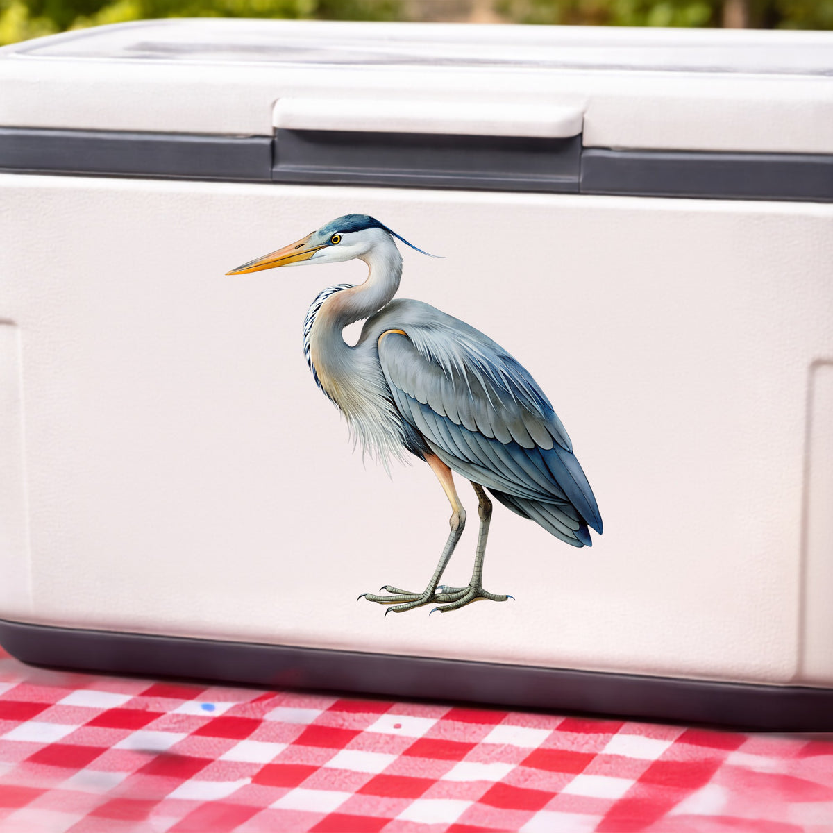 Great Blue Heron UV DTF sticker applied to a white cooler on a red gingham cloth