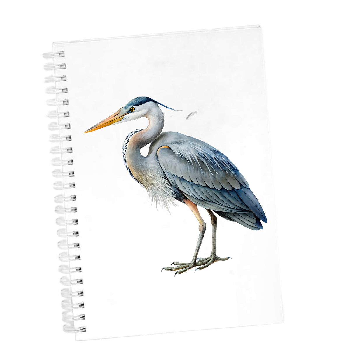 Great Blue Heron UV DTF sticker applied to the cover of a white spiral journal