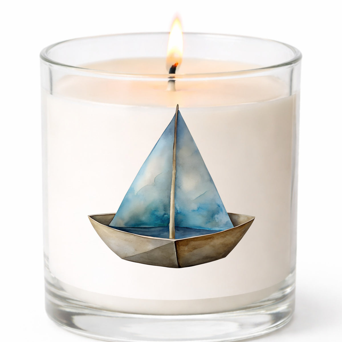 Paper Sailboat UV DTF sticker applied to a white candle in a clear glass jar