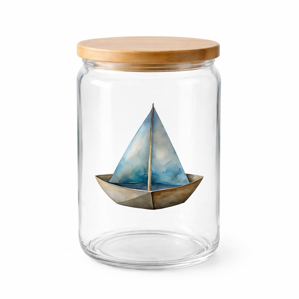 Paper Sailboat UV DTF sticker applied to a clear glass jar with a wooden lid