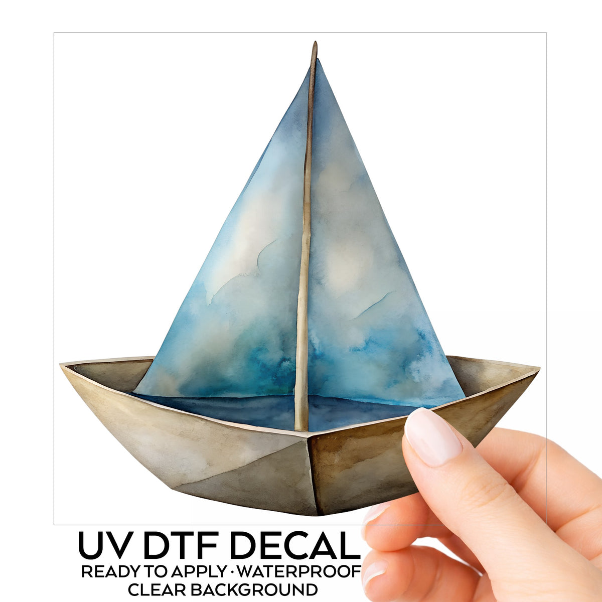 Paper Sailboat UV DTF sticker on its backing card, held in hand