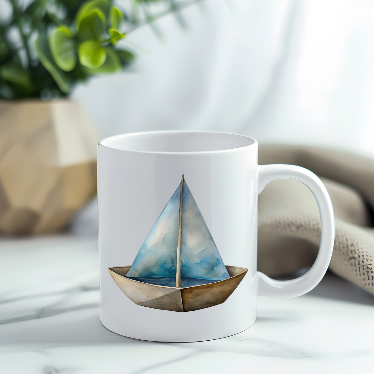 Paper Sailboat UV DTF sticker applied to a white coffee mug