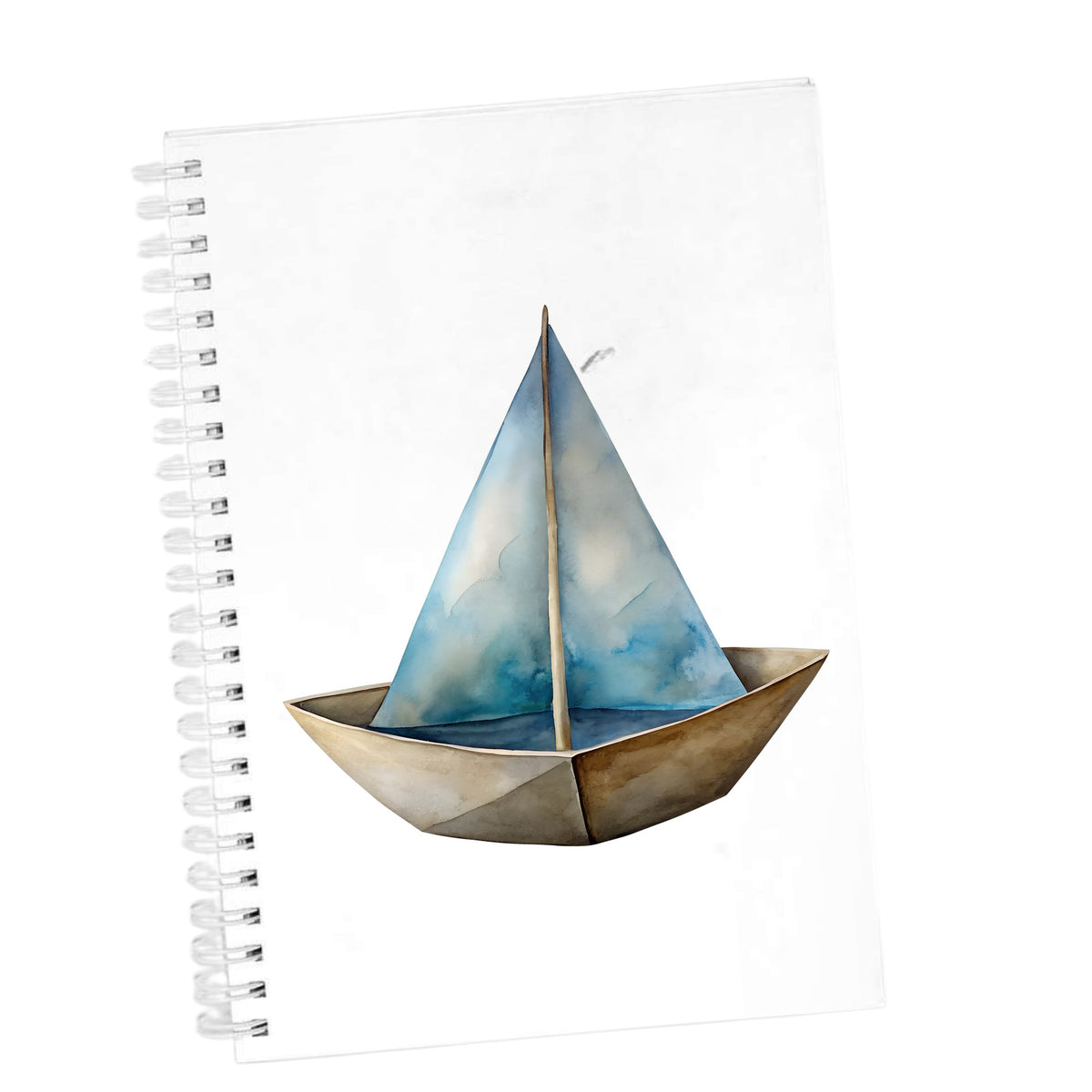 Paper Sailboat UV DTF sticker applied to the cover of a white spiral journal