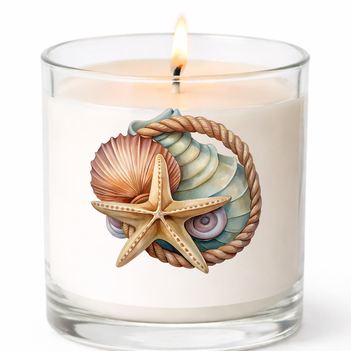 Seashells Starfish Rope Circle UV DTF sticker applied to a white candle in a clear glass jar