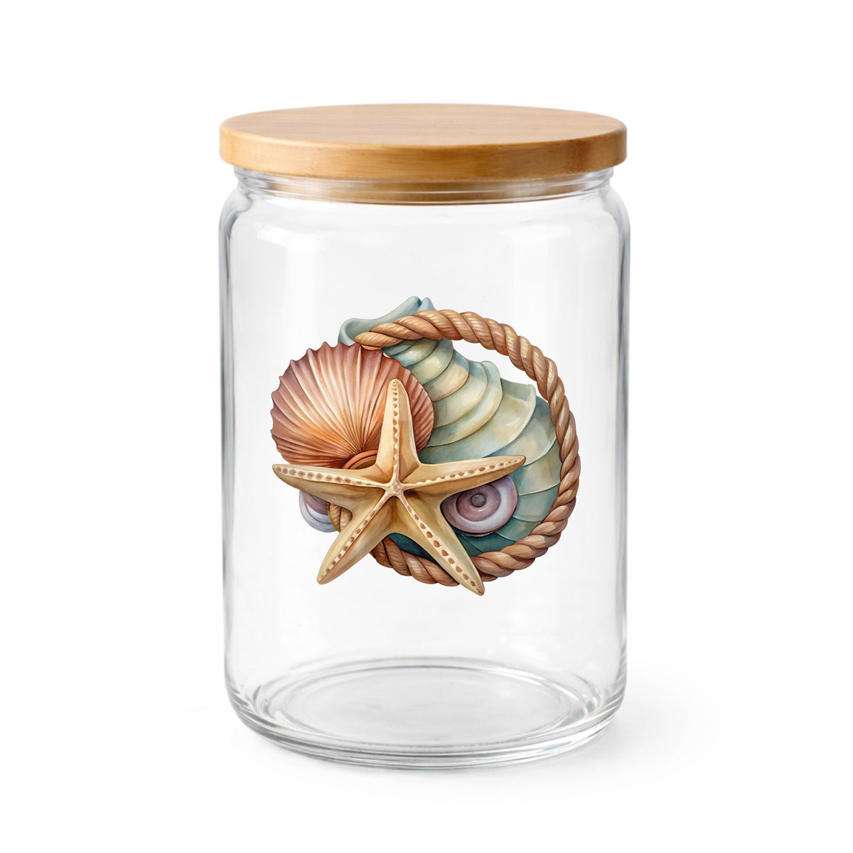 Seashells Starfish Rope Circle UV DTF sticker applied to a clear glass jar with a wooden lid