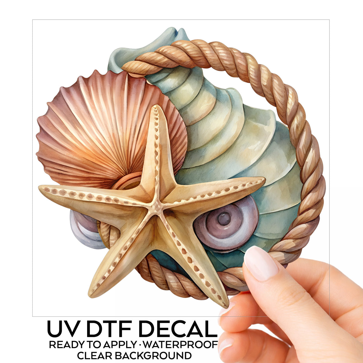 Seashells Starfish Rope Circle UV DTF sticker on its backing card, held in hand