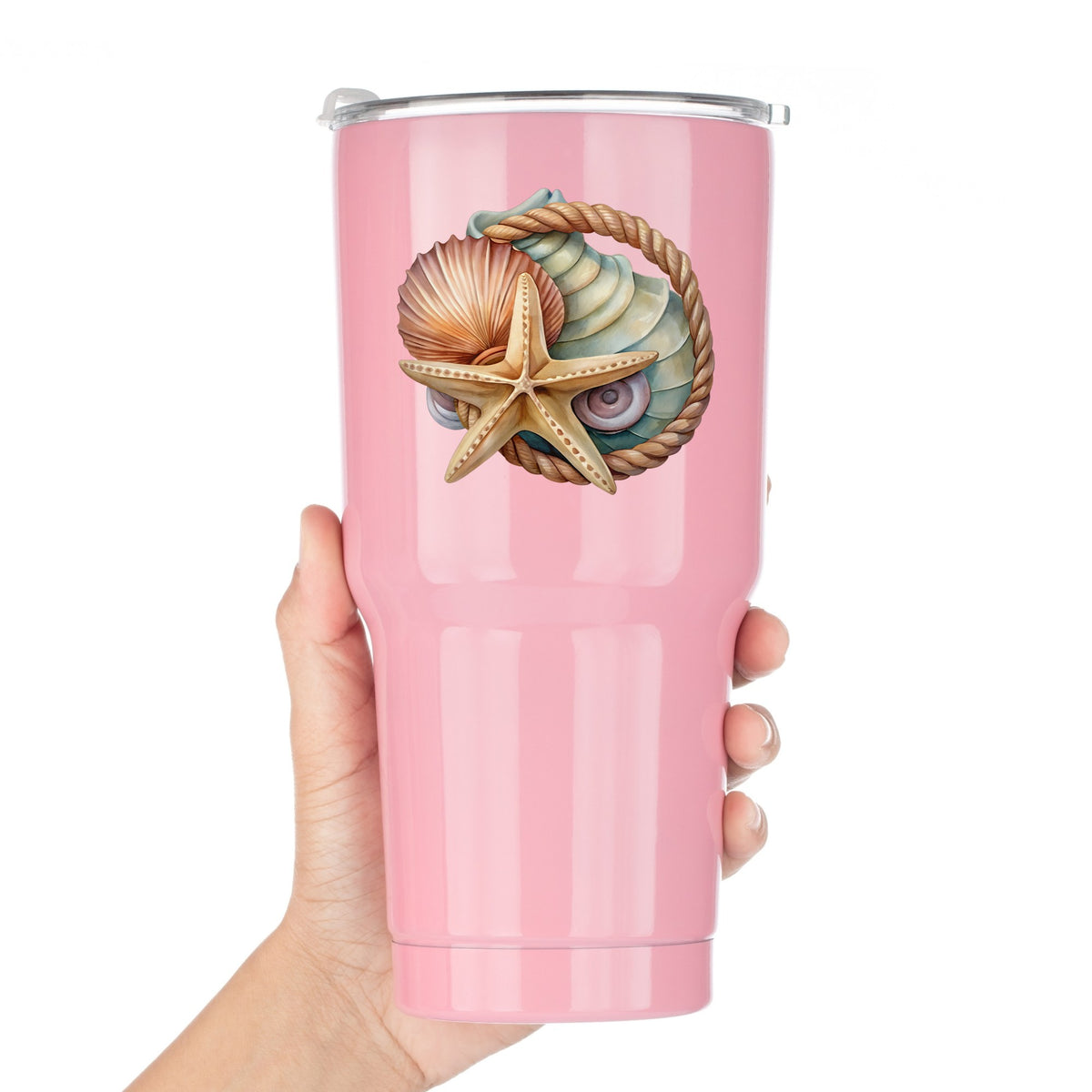 Seashells Starfish Rope Circle UV DTF sticker applied to a pink tumbler held against a white background