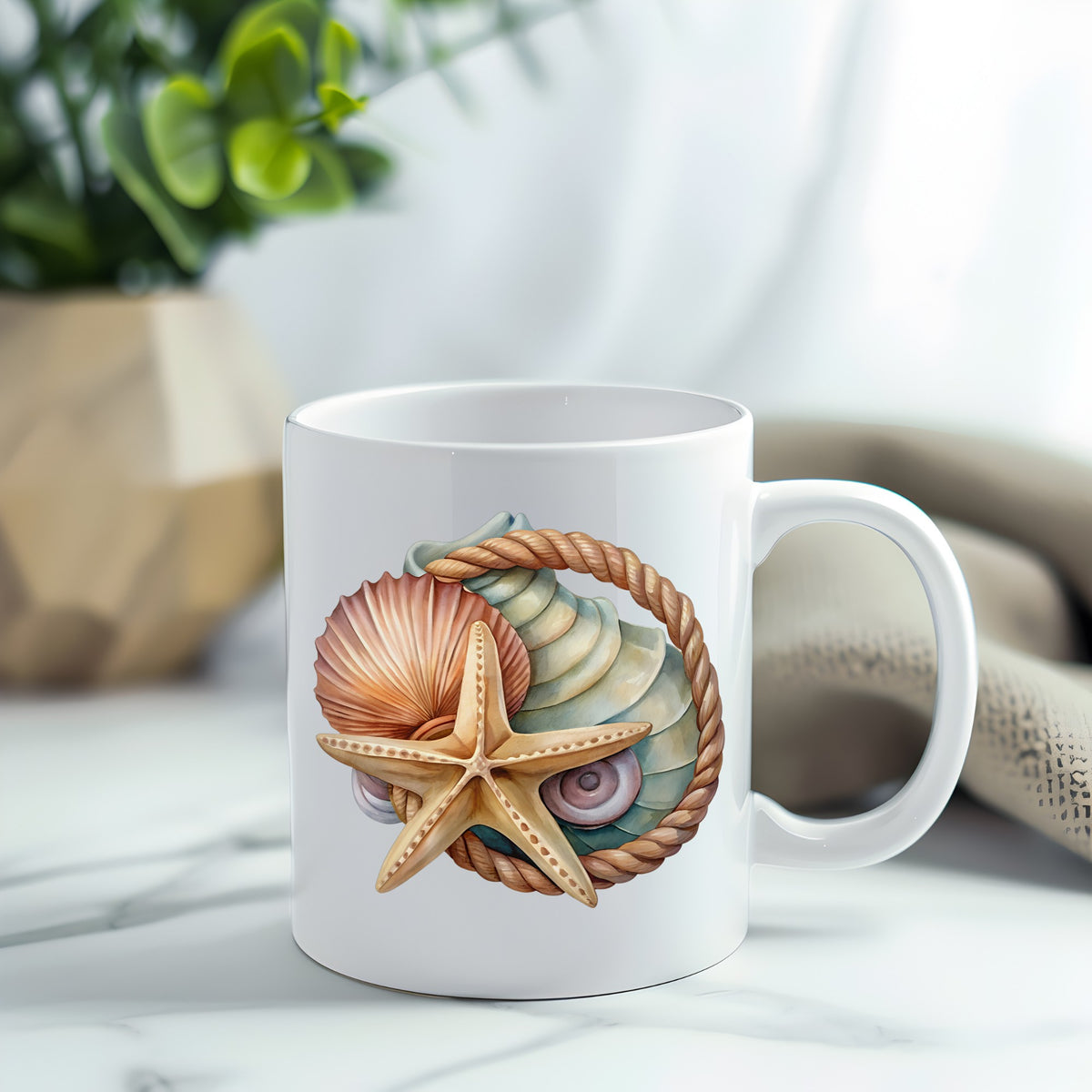 Seashells Starfish Rope Circle UV DTF sticker applied to a white coffee mug