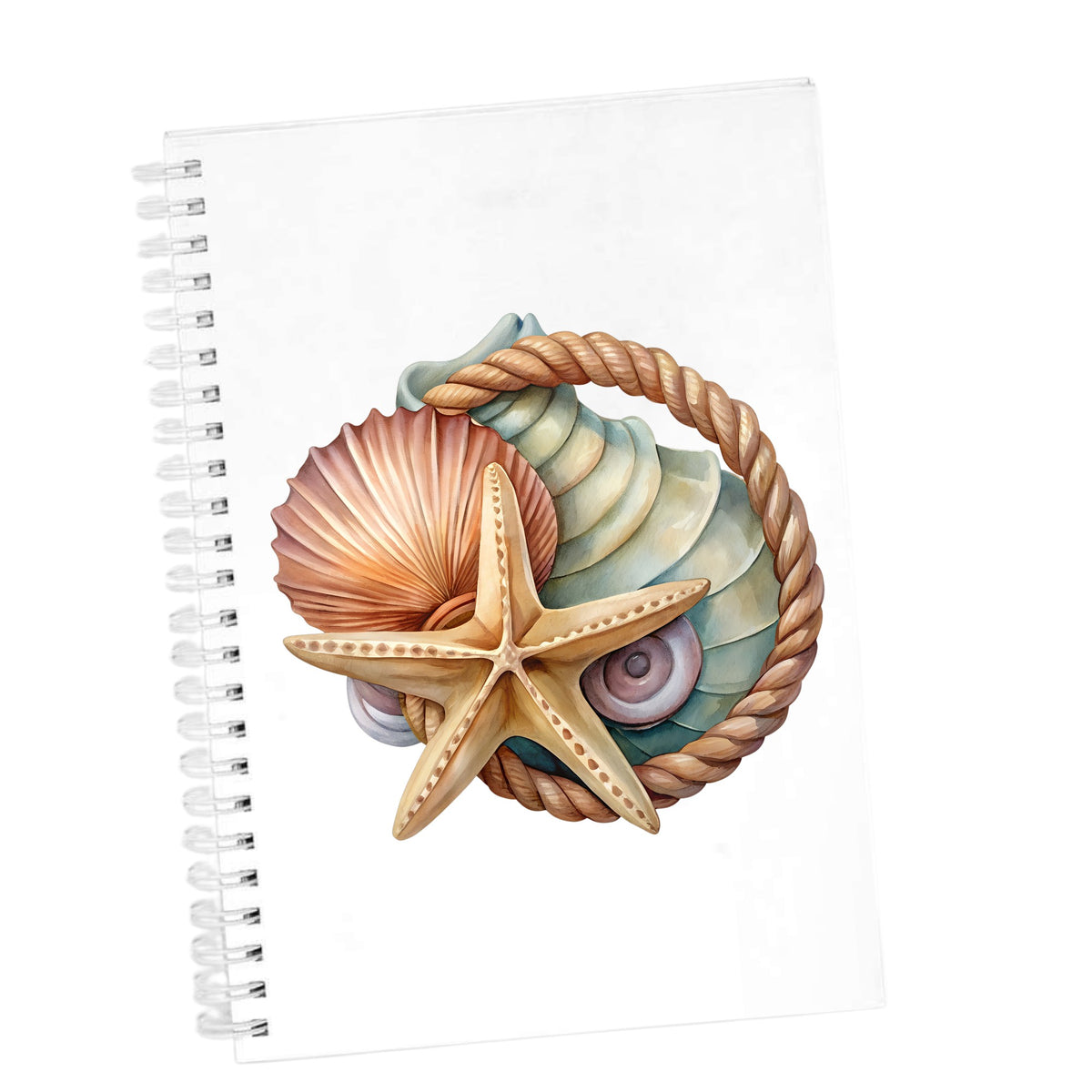 Seashells Starfish Rope Circle UV DTF sticker applied to the cover of a white spiral journal