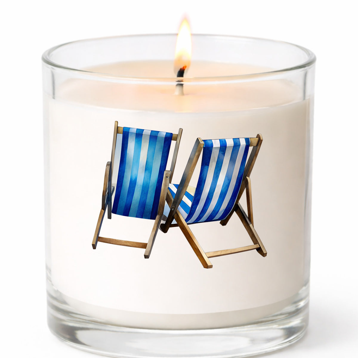 Two Blue Striped Beach Chairs UV DTF sticker applied to a white candle in a clear glass jar