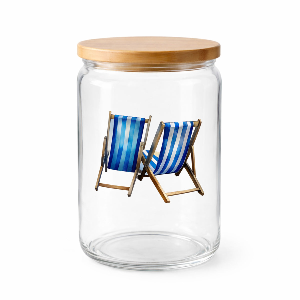 Two Blue Striped Beach Chairs UV DTF sticker applied to a clear glass jar with a wooden lid