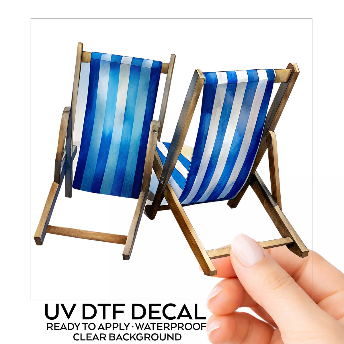 Two Blue Striped Beach Chairs UV DTF sticker on its backing card, held in hand