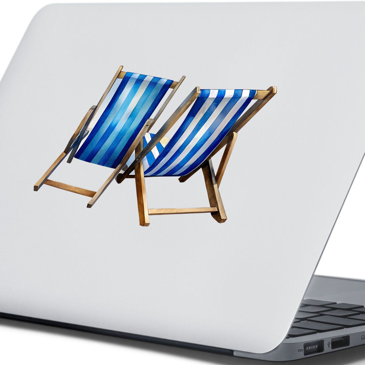 Two Blue Striped Beach Chairs UV DTF sticker applied to the lid of a silver laptop