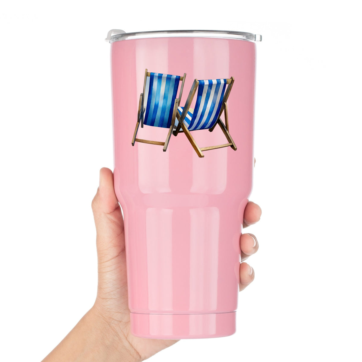 Two Blue Striped Beach Chairs UV DTF sticker applied to a pink tumbler held against a white background