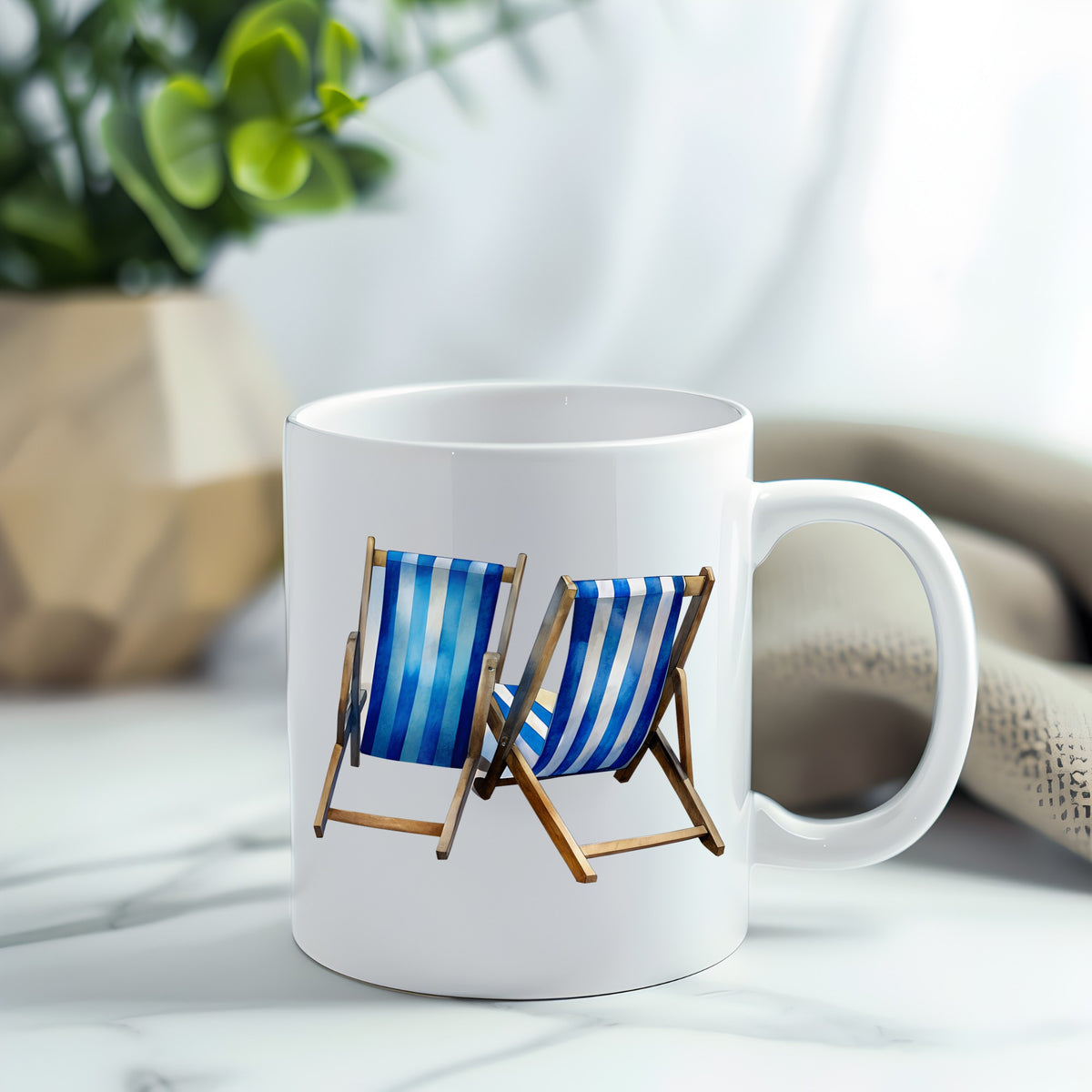 Two Blue Striped Beach Chairs UV DTF sticker applied to a white coffee mug