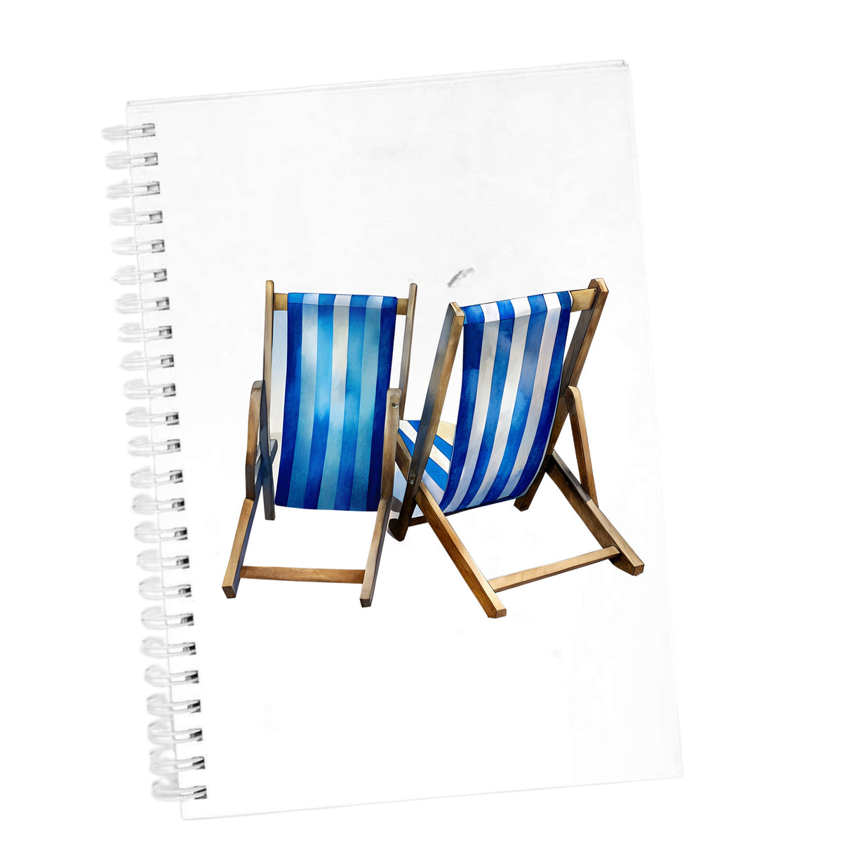 Two Blue Striped Beach Chairs UV DTF sticker applied to the cover of a white spiral journal