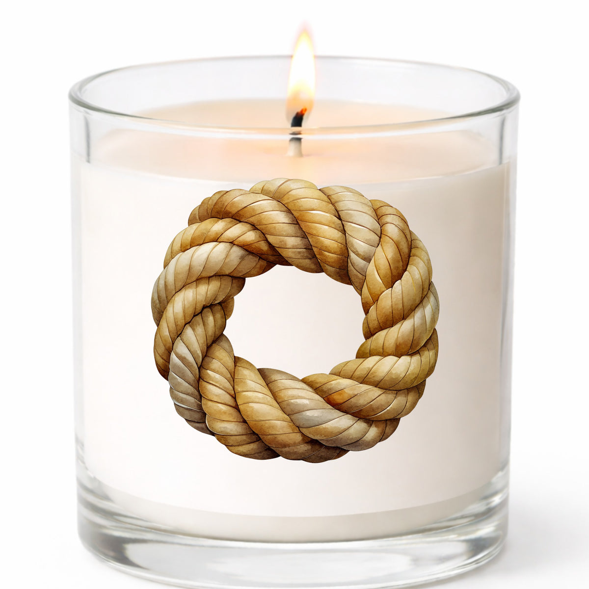 Rope Knot Wreath UV DTF sticker applied to a white candle in a clear glass jar