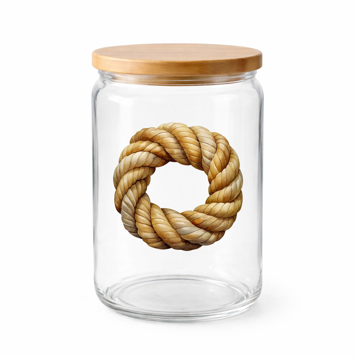 Rope Knot Wreath UV DTF sticker applied to a clear glass jar with a wooden lid