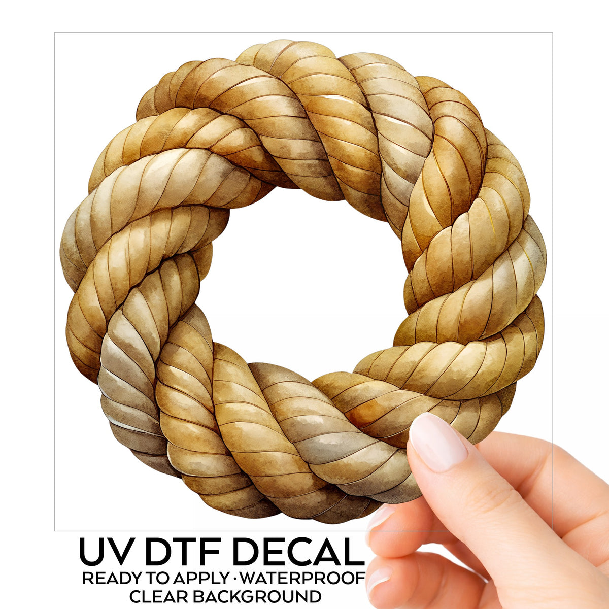 Rope Knot Wreath UV DTF sticker on its backing card, held in hand