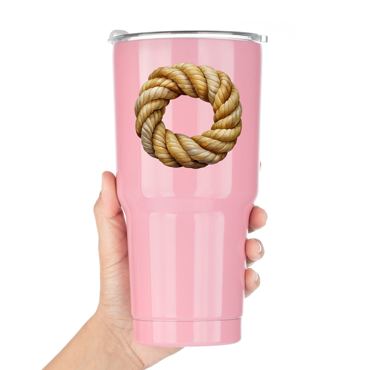 Rope Knot Wreath UV DTF sticker applied to a pink tumbler held against a white background