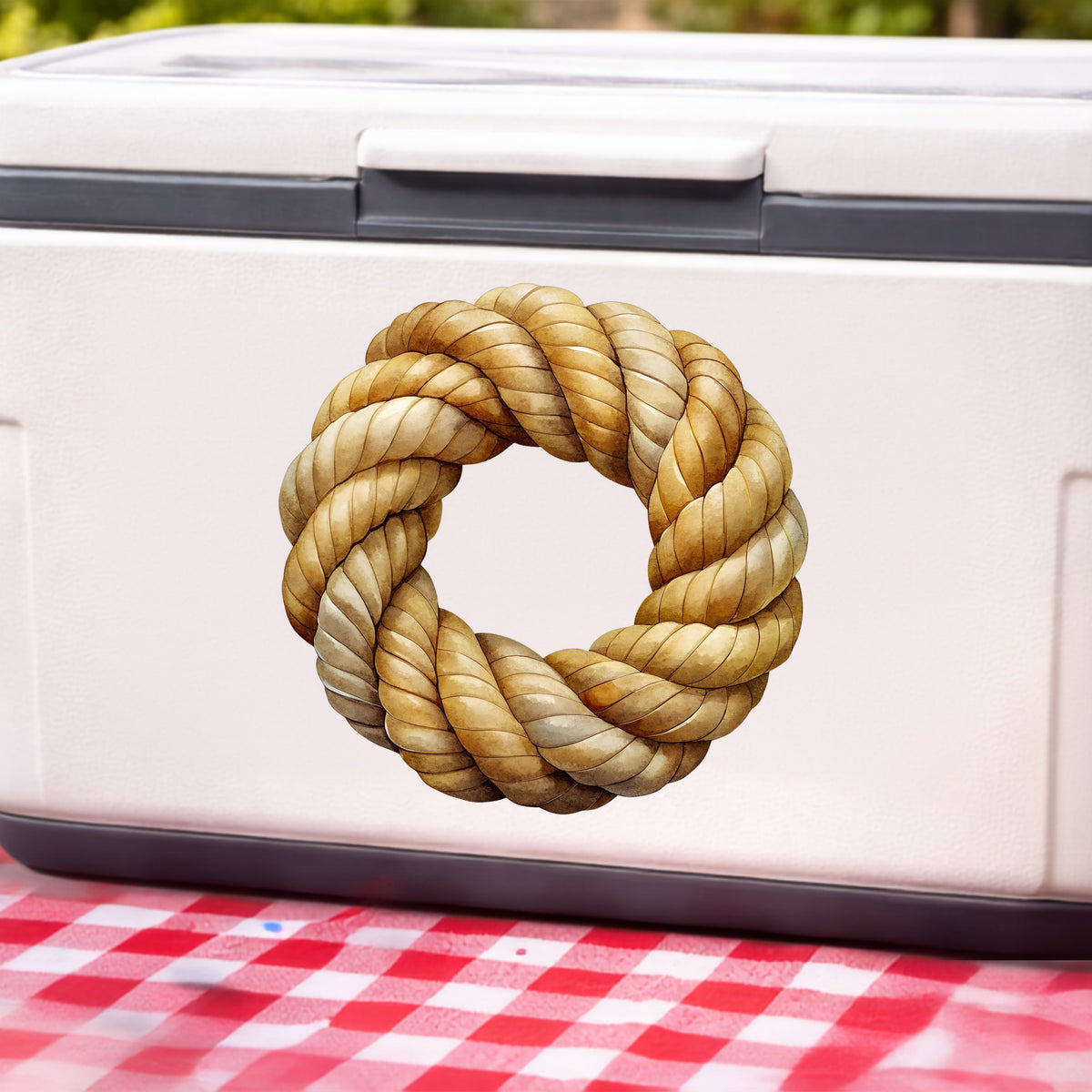 Rope Knot Wreath UV DTF sticker applied to a white cooler on a red gingham cloth