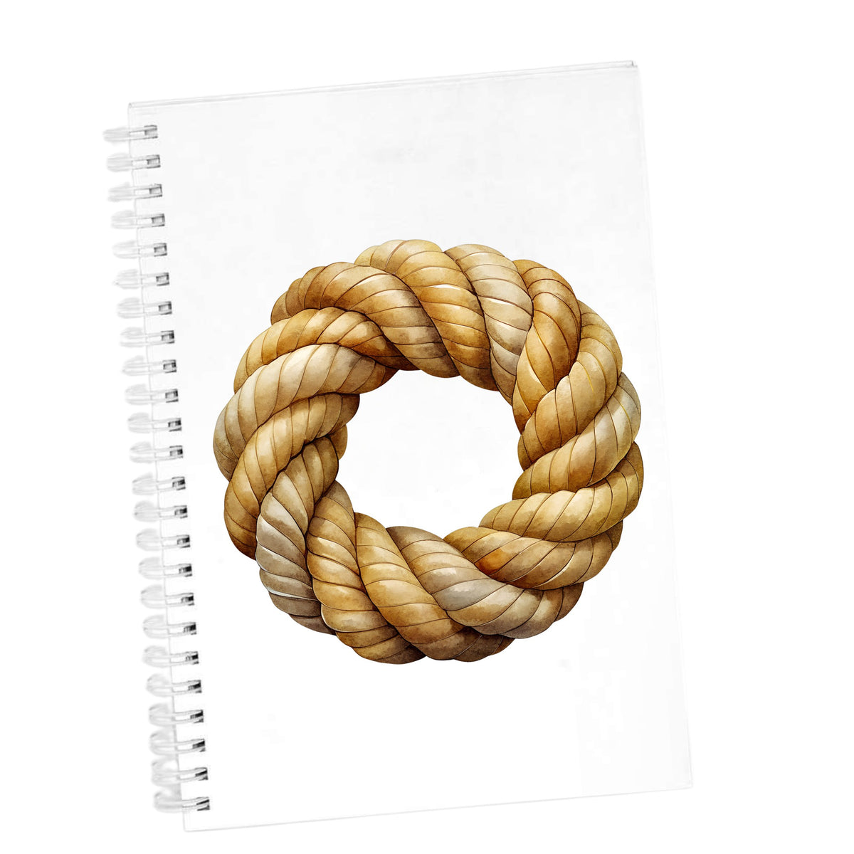 Rope Knot Wreath UV DTF sticker applied to the cover of a white spiral journal