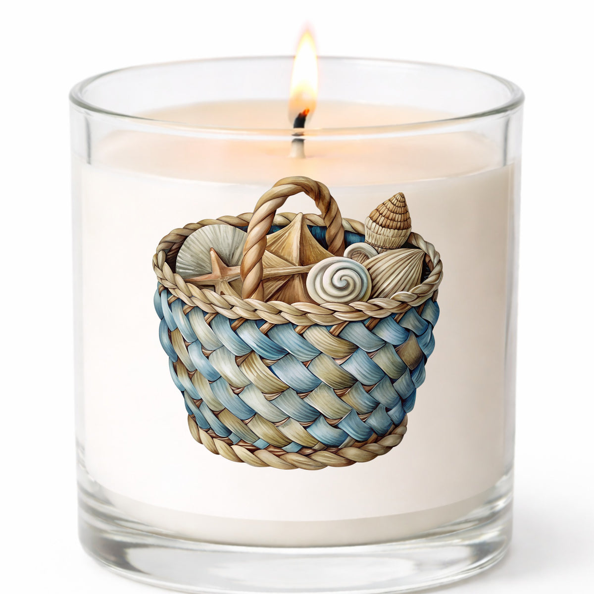 Woven Basket Of Seashells UV DTF sticker applied to a white candle in a clear glass jar