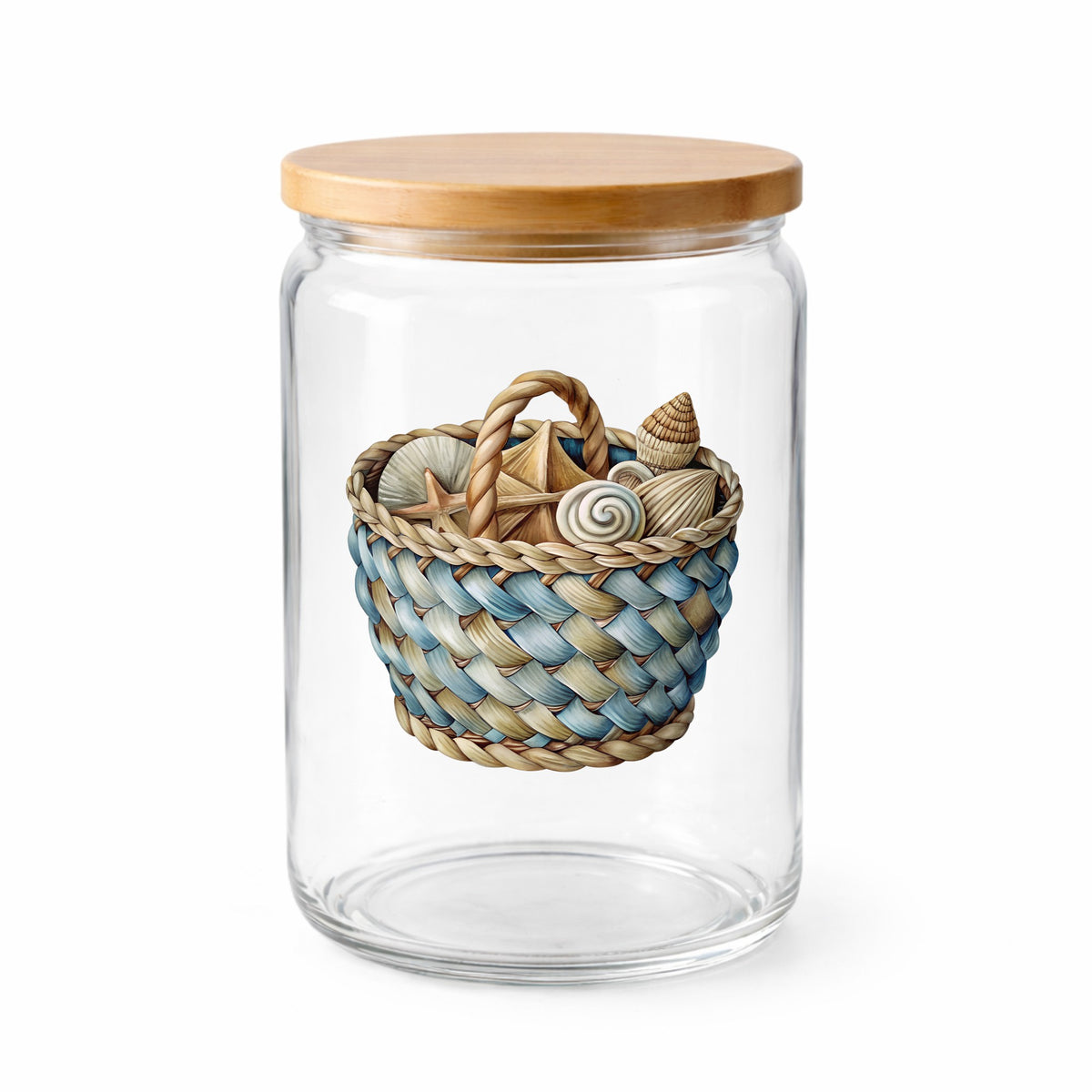 Woven Basket Of Seashells UV DTF sticker applied to a clear glass jar with a wooden lid