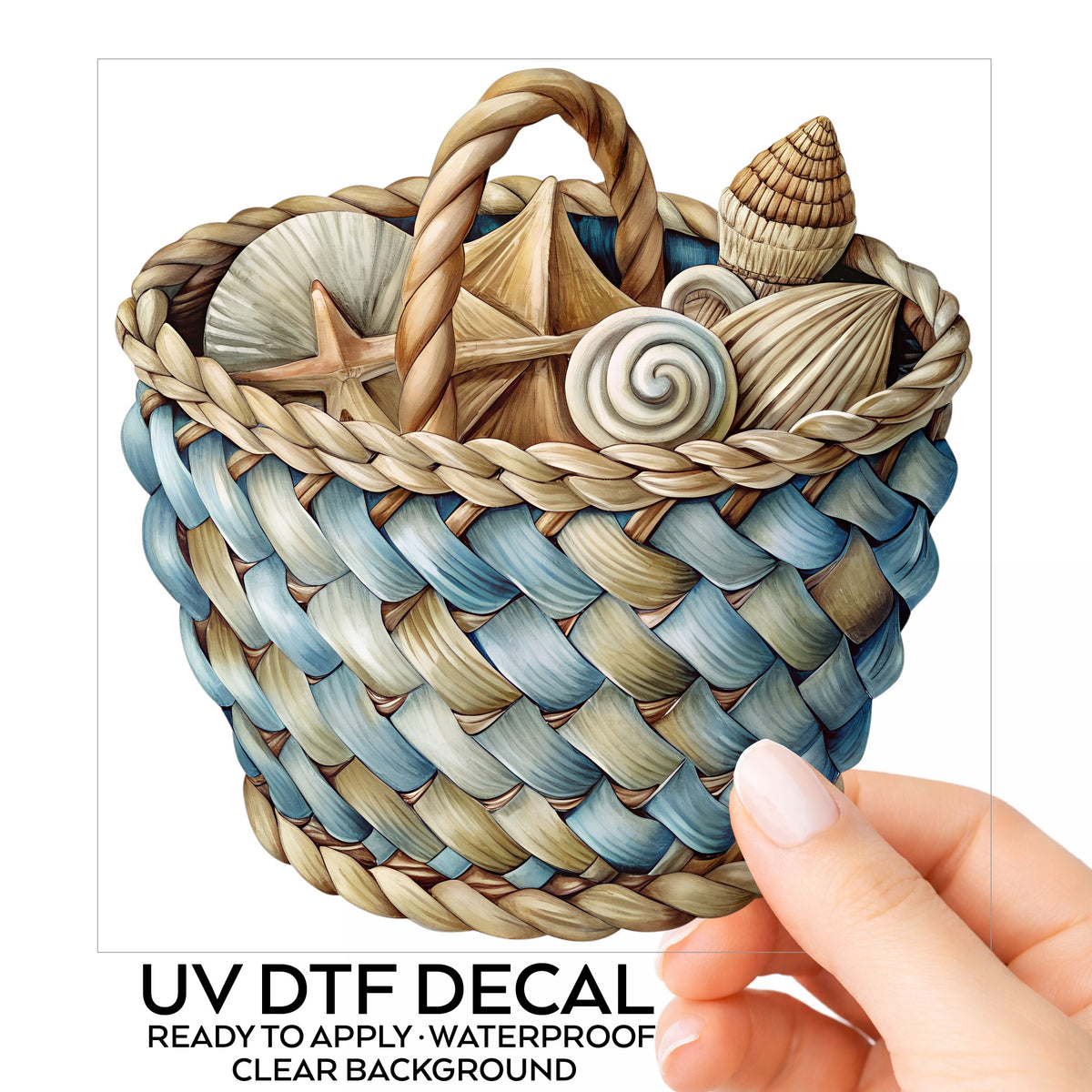 Woven Basket Of Seashells UV DTF sticker on its backing card, held in hand