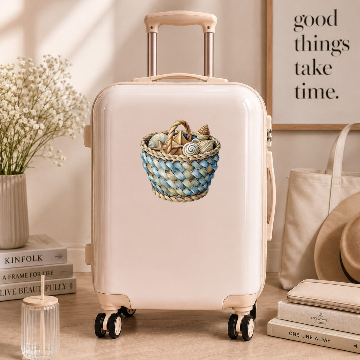 Woven Basket Of Seashells UV DTF sticker applied to a cream carry-on suitcase