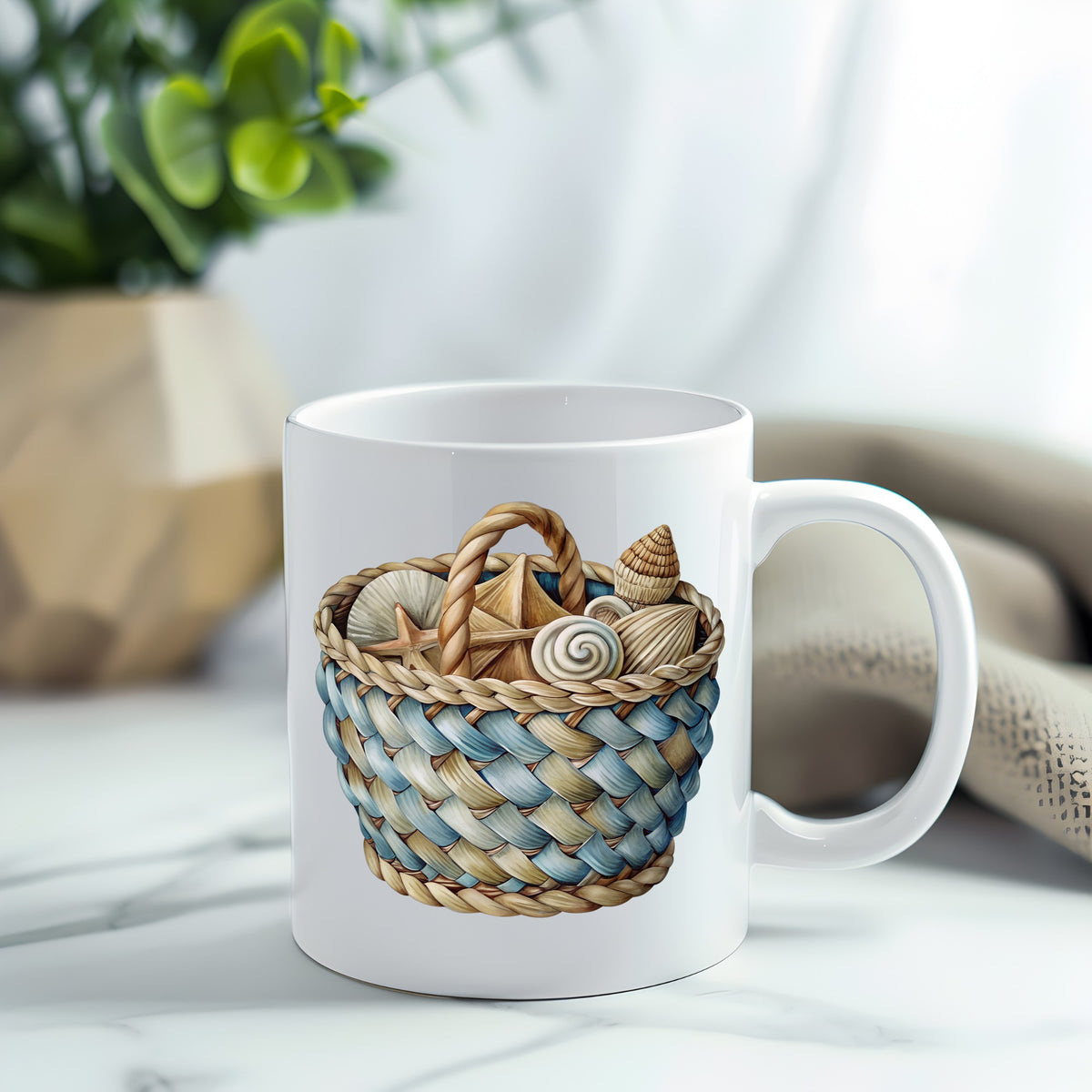 Woven Basket Of Seashells UV DTF sticker applied to a white coffee mug