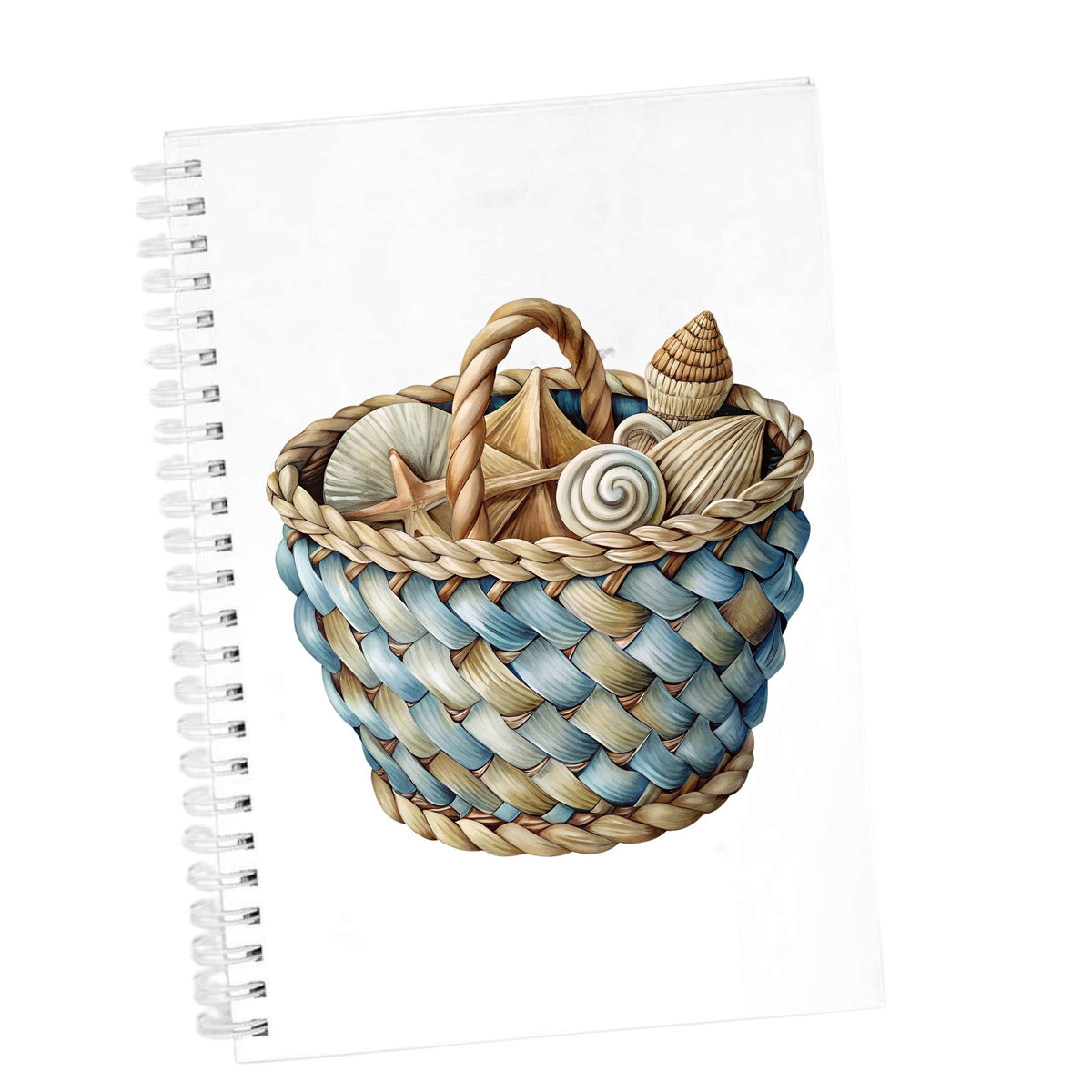 Woven Basket Of Seashells UV DTF sticker applied to the cover of a white spiral journal