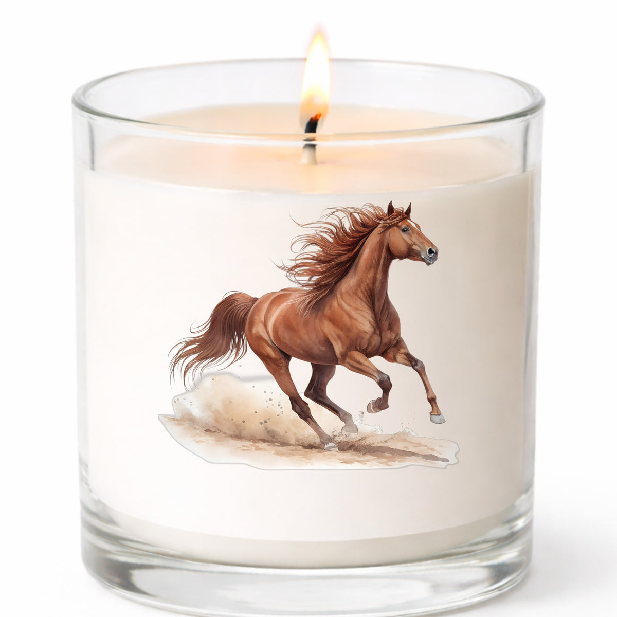 Chestnut Horse Galloping UV DTF sticker applied to a white candle in a clear glass jar