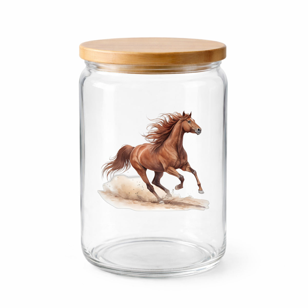 Chestnut Horse Galloping UV DTF sticker applied to a clear glass jar with a wooden lid
