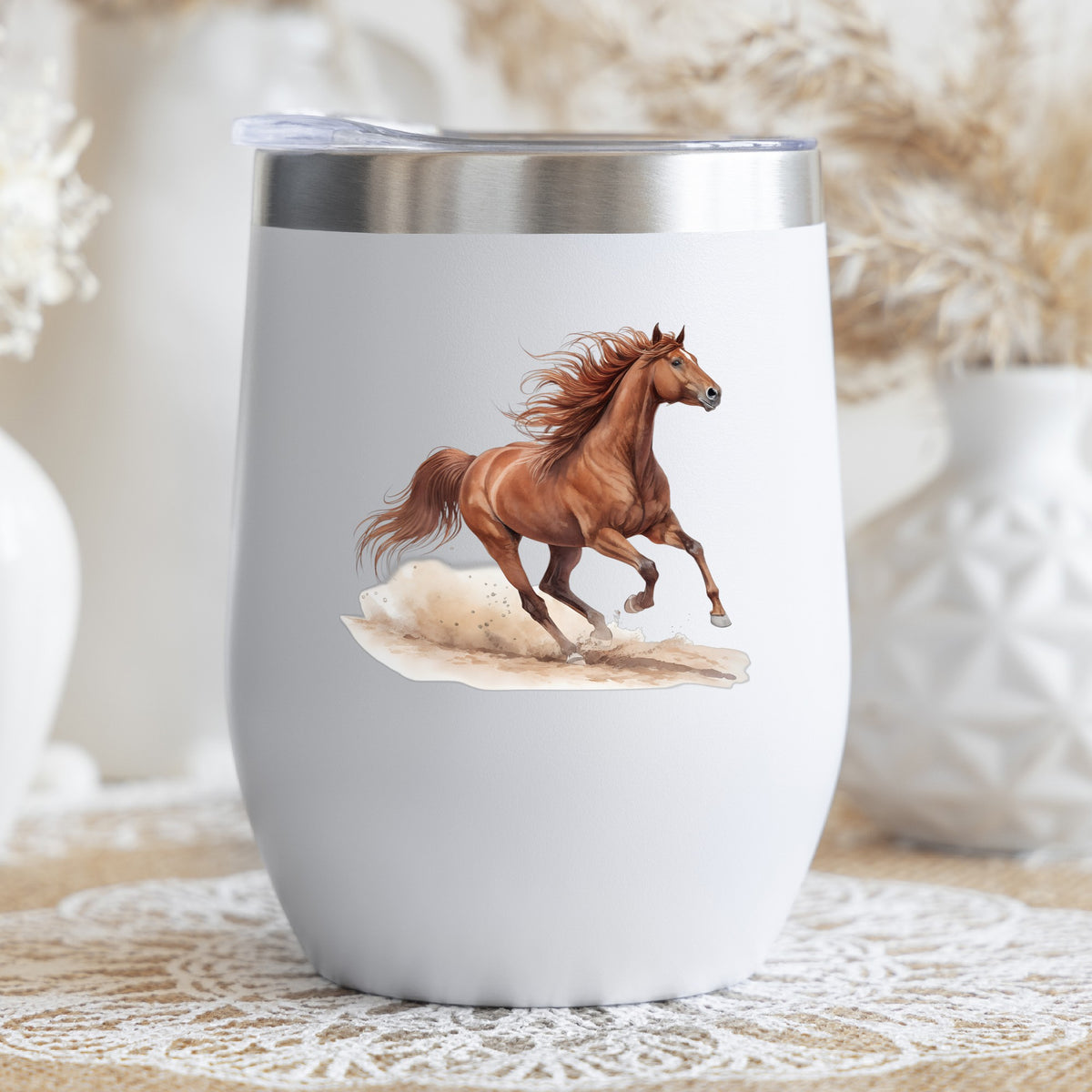 Chestnut Horse Galloping UV DTF sticker applied to a white stemless tumbler with a lid