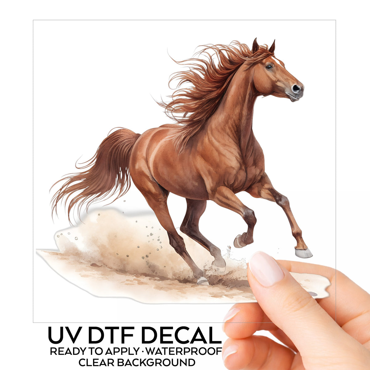 Chestnut Horse Galloping UV DTF sticker on its backing card, held in hand