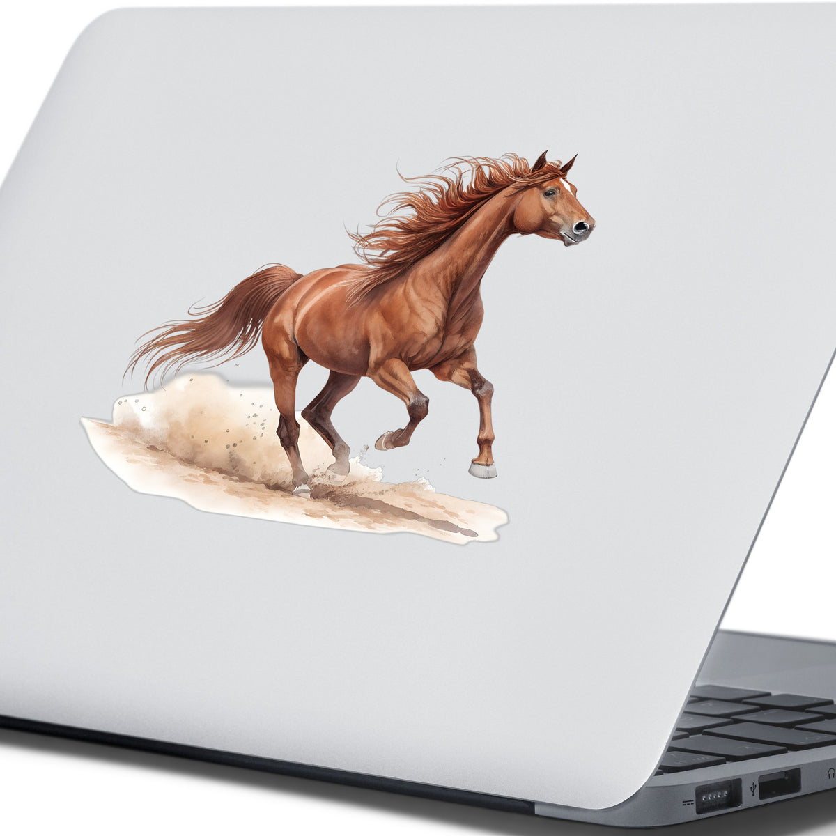 Chestnut Horse Galloping UV DTF sticker applied to the lid of a silver laptop