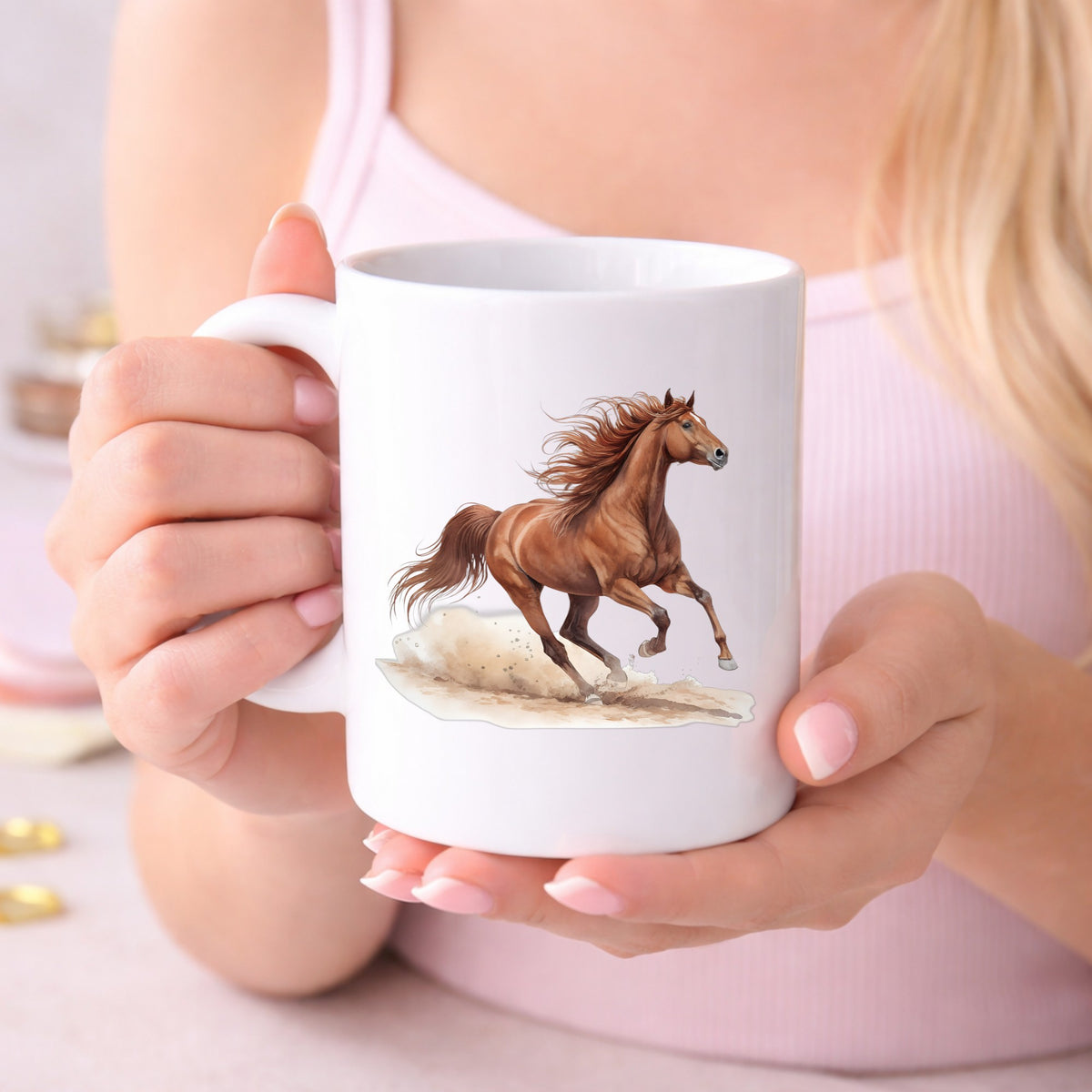 Chestnut Horse Galloping UV DTF sticker applied to a white coffee mug held in both hands