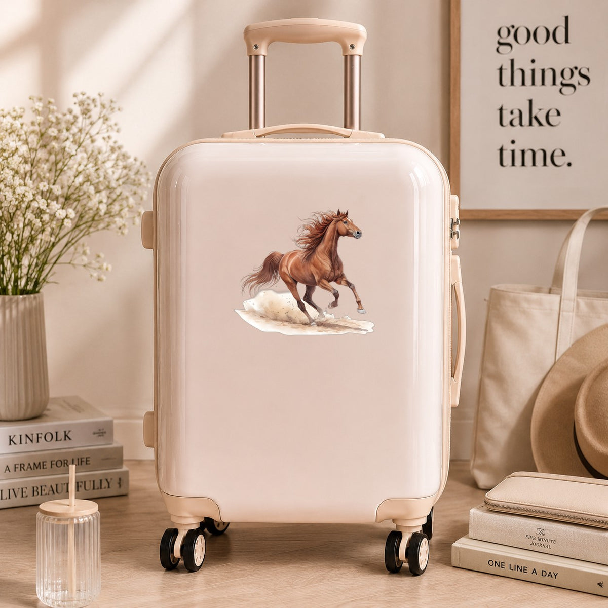 Chestnut Horse Galloping UV DTF sticker applied to a cream carry-on suitcase