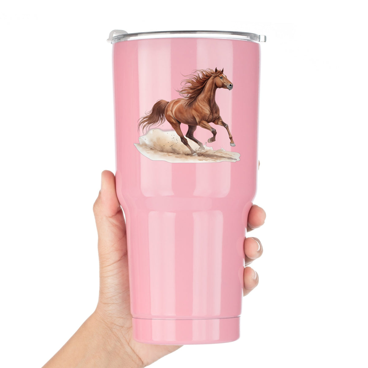 Chestnut Horse Galloping UV DTF sticker applied to a pink tumbler held against a white background