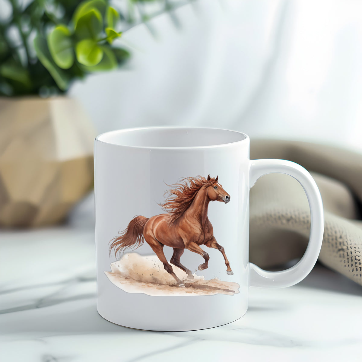 Chestnut Horse Galloping UV DTF sticker applied to a white coffee mug