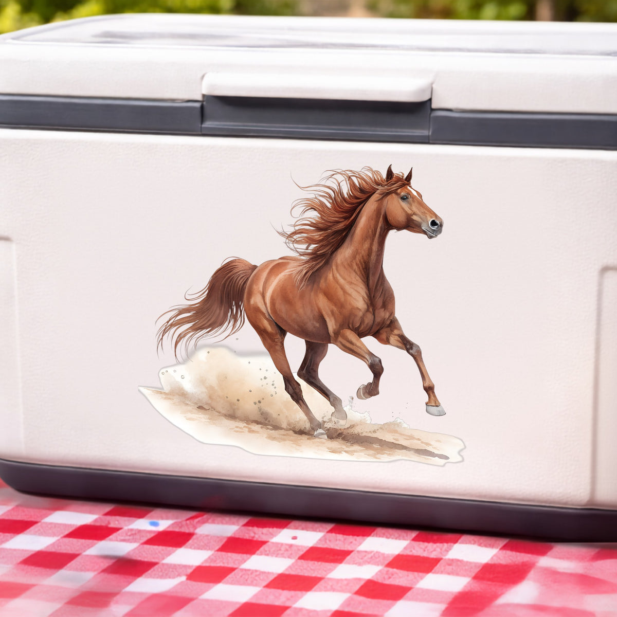 Chestnut Horse Galloping UV DTF sticker applied to a white cooler on a red gingham cloth